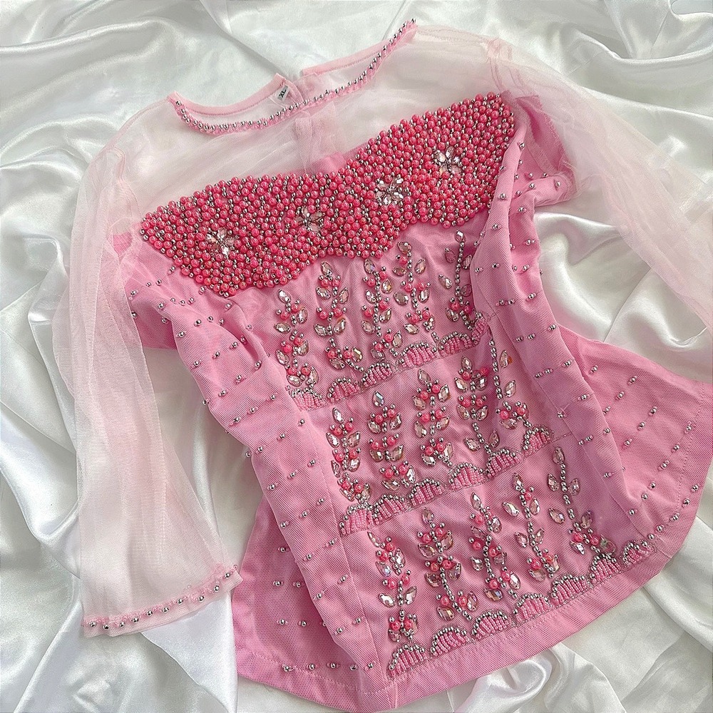Pink Beaded Jewel Embellished Mesh Sheer Sleeve Button Back Blouse Top XL